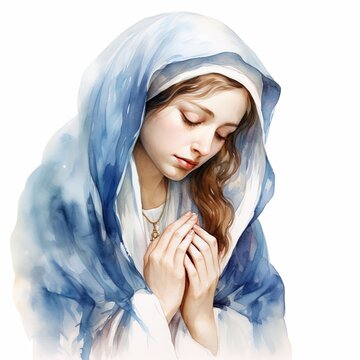 recommend clip art: Virgin Mary praying with eyes closed watercolor clipart illustration on white background