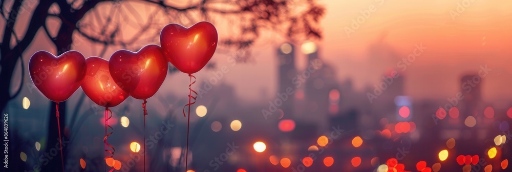 Poster Heart-shaped balloons float against a backdrop of twinkling city lights at dusk, creating a romantic and intimate ambiance. Generative AI