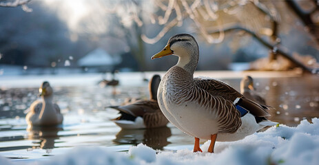 Fototapeta premium Cute duck waddling on snowy pond, AI Generative.