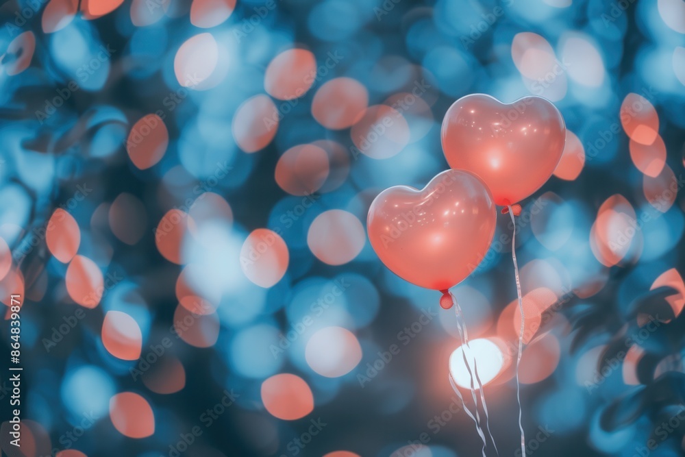 Poster two heart-shaped balloons float against a backdrop of bokeh lights, perfect for romantic events. gen