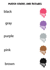 Match words and pictures, match splashes with colors. Worksheet for kids.