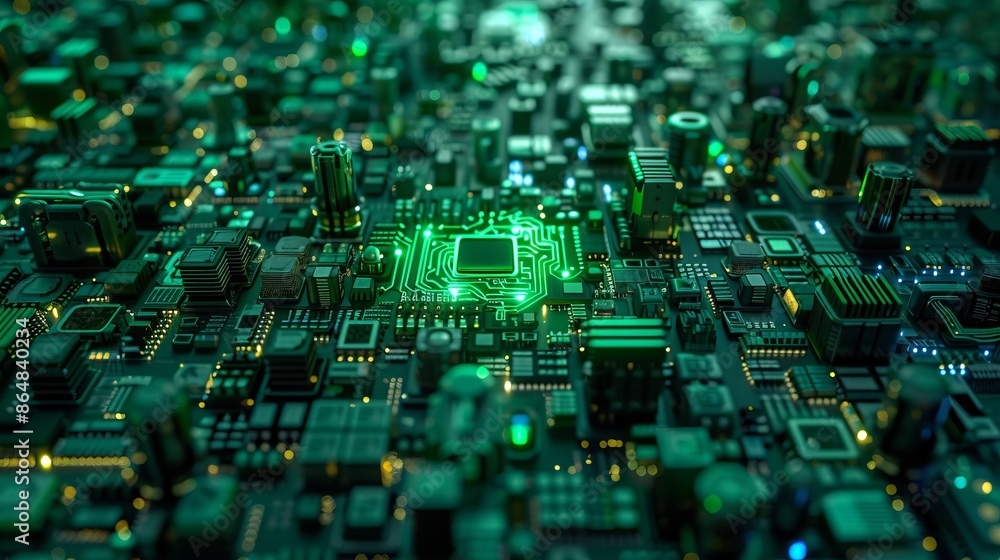 Poster top view, artificial general intelligence as a super computer made up of many chips and electronic c