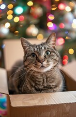 A beautiful brown and grey tabby cat sitting in an open cardboard box with Christmas tree lights blurred behind it. The background is bokeh of the colorful, sparkling decorations on the christmas tree