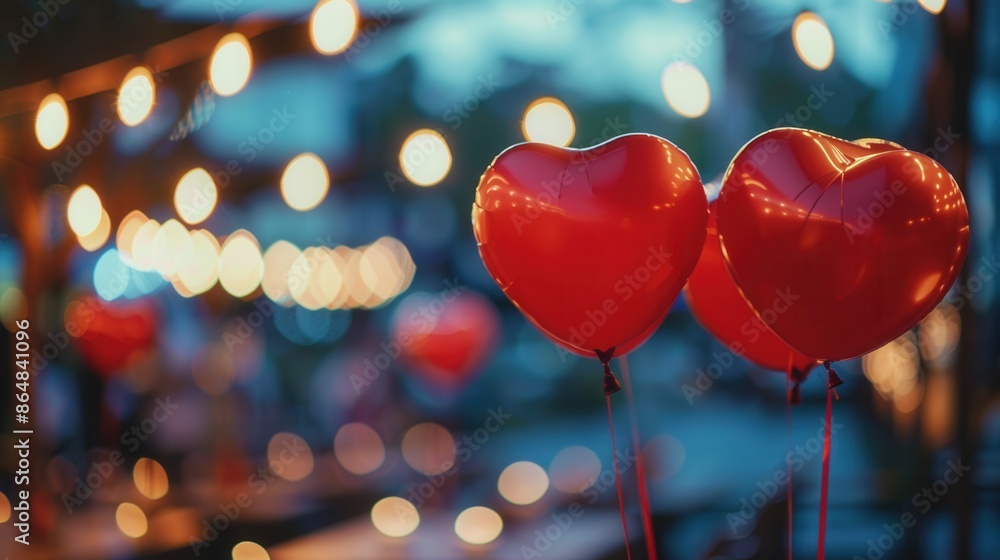 Aufkleber Two heart-shaped balloons float against a romantic evening backdrop of string lights. Generative AI
