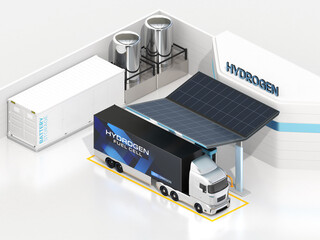 Isometric view of FCV truck refueling in Hydrogen Station. The station equipped with solar panels and Container Battery Storage system. 3D rendering image.