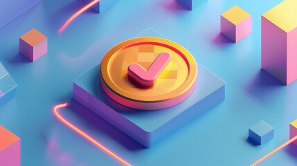 Fototapeta premium 3d isometric icon , Orange coin with check mark on blue background,