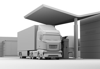 Clay rendering of Fuel Cell Truck refueling in Hydrogen Station. The station equipped with H2 Gas Tanks and Container Battery Storage system. 3D rendering image.
