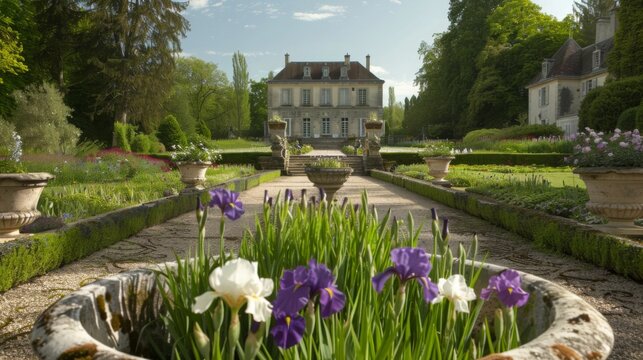 A view down a manicured stone pathway leading to a manor house, with vibrant iris flowers blooming in stone planters along the edge of the path.