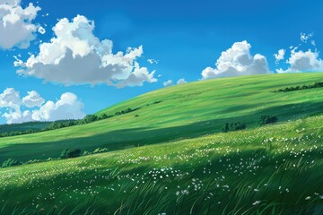 Beautiful rolling green hill with white wildflowers and blue sky with fluffy white clouds.  Concept of nature, tranquility, peace, and relaxation.