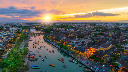 Hoi An Vietnam in Quang Nam Province It is a popular tourist attraction where colorful lantern boats sail on the river. © Sky view