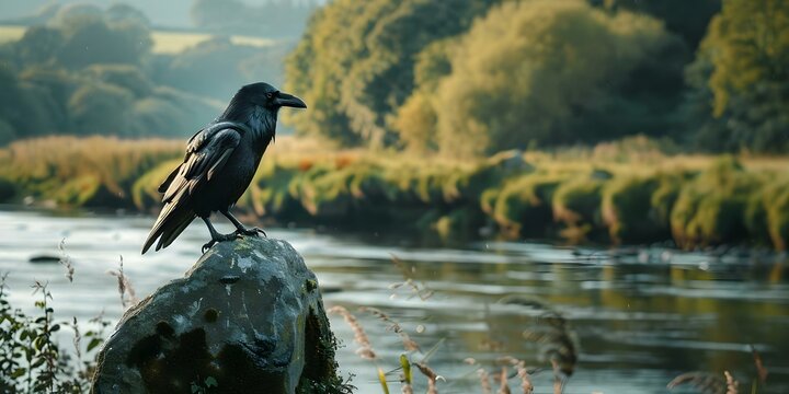 The Connection Between a Crow, a Celtic Menhir, and the Morrigan Myth in Ireland. Concept Irish folklore, Celtic symbolism, Crow symbolism, Morrigan mythology, Ancient monuments