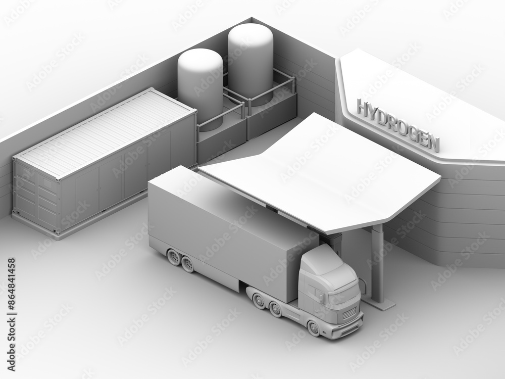 Poster clay rendering of fcv truck refueling in hydrogen station. the station equipped with solar panels an