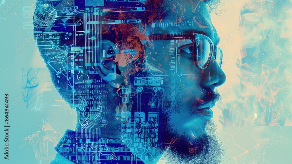 Poster the image shows a man wearing glasses with a blue background. the man's face is made up of code, and