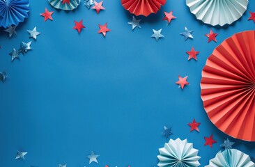 A banner mockup for Independence Day in the USA featuring paper fans in national colors and confetti stars. This design is also applicable for Presidents Day, Labor Day, and Memorial Day in America.