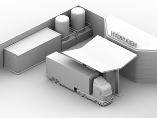 Clay rendering of FCV truck refueling in Hydrogen Station. The station equipped with solar panels and Container Battery Storage system. 3D rendering image.