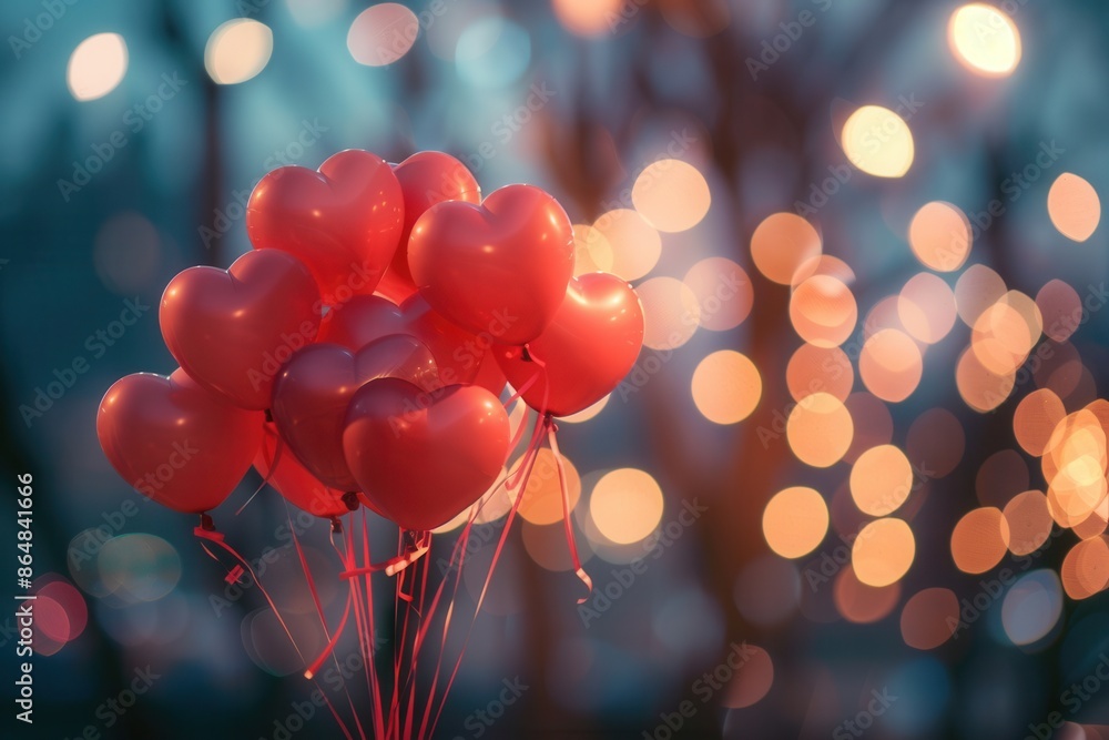 Poster a beautiful image of heart-shaped balloons against a backdrop of twinkling lights, perfect for creat