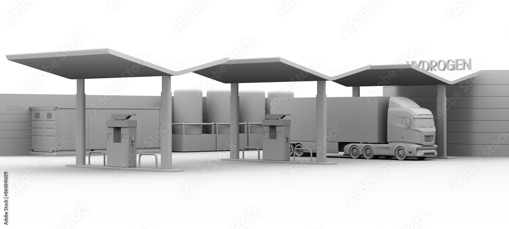 Poster clay rendering of fcv truck refueling in hydrogen station. the station equipped with solar panels an