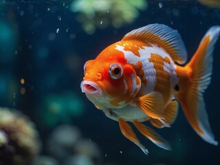 Aquarium close-up, Oranda goldfish swimming gracefully