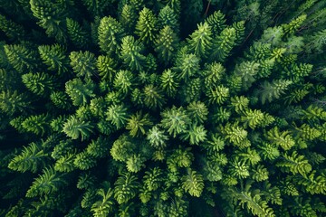 Aerial view of a pine forest in summer, with dense trees arranged in an intricate pattern resembling a mandala. The photo captures the beauty and complexity from above, showcasing lush greenery agains