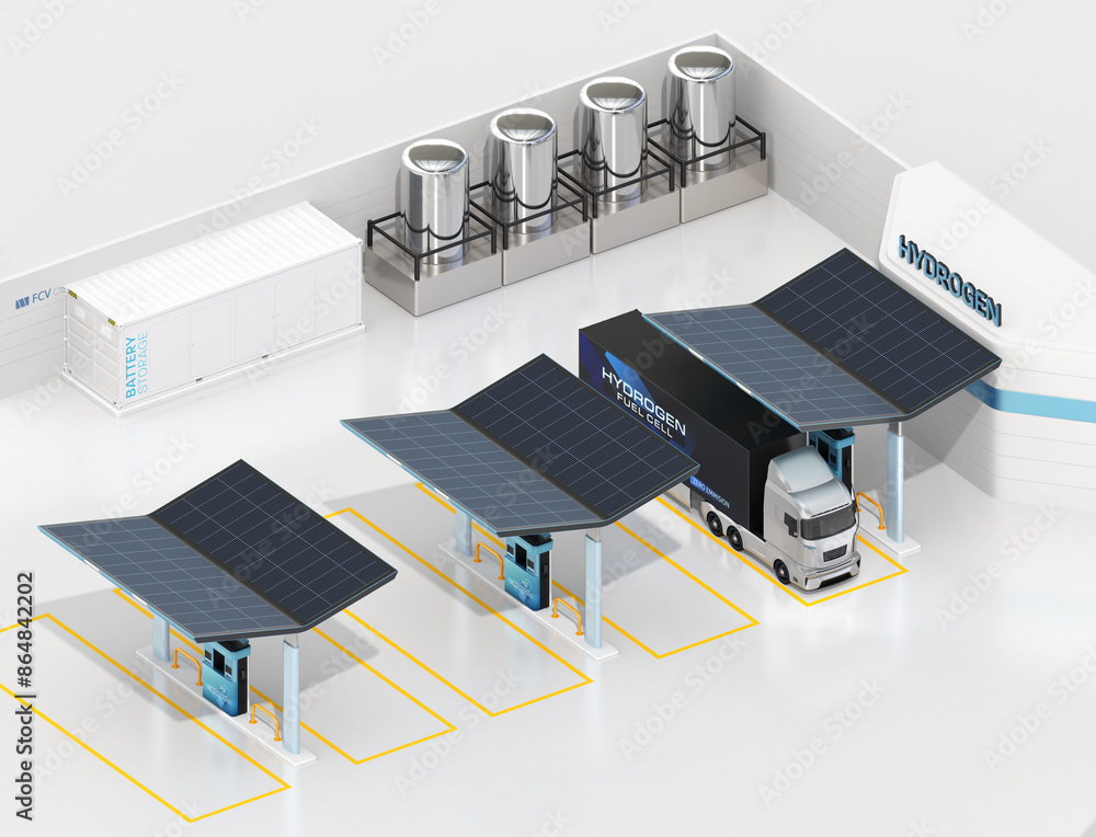 Poster isometric view of fcv truck refueling in hydrogen station. the station equipped with solar panels an