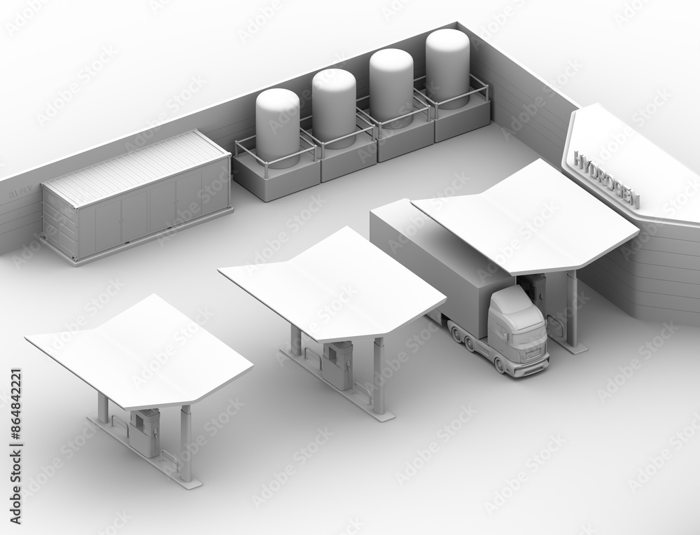 Poster clay rendering of fcv truck refueling in hydrogen station. the station equipped with solar panels an