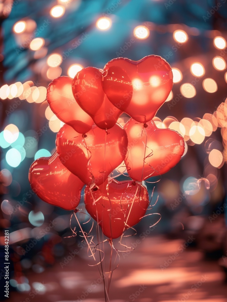 Poster heart-shaped balloons illuminated by string lights against a romantic evening cityscape. generative 