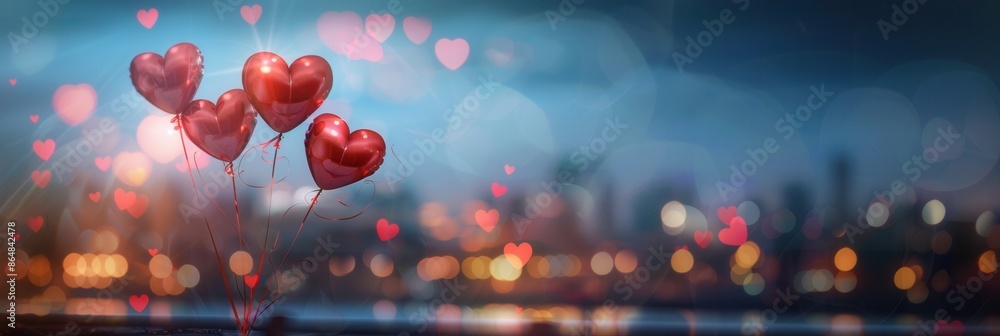 Poster heart-shaped balloons float against a backdrop of city lights in a romantic setting. ideal for resta