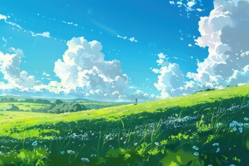Fototapeta premium Anime-style landscape with lush green field, blue sky, and white clouds. Concept of serenity, freedom, and nature.