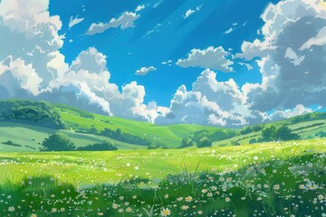 Fototapeta premium Vibrant green meadow with fluffy white clouds in a blue sky, animated nature landscape background for digital design