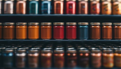 A colorful assortment of glass jars filled with various spices and seasonings, neatly displayed on shelves, creating a visually appealing scene.