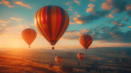 Naklejka premium A breathtaking view of colorful hot air balloons flying against a stunning sunrise sky.