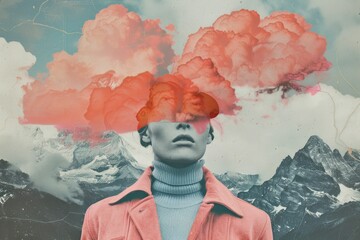 Woman in pink coat standing in front of clouds, fashionable traveler's dream with a hint of whimsical beauty