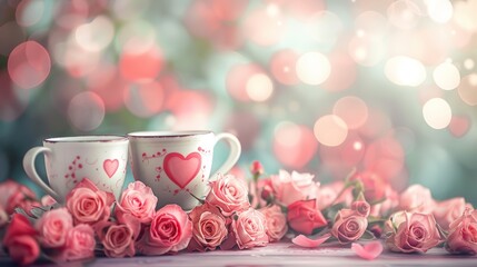 Fototapeta premium Two white cups with hearts on them are surrounded by pink roses