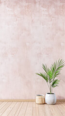 Fototapeta premium Minimalist interiors decor composition in soft pink tones with ample copy space and minimal furniture. Interiors design concept image for luxury property advertising.