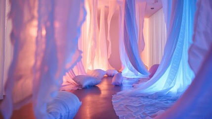 A peaceful sanctuary adorned with floating fabric sculptures creating a serene and otherworldly atmosphere.