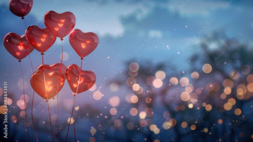 Aufkleber A cluster of red heart-shaped balloons floating against a soft twilight sky with blurred city lights, ideal for romantic events. Generative AI
