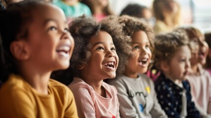 Fototapeta premium Happy and diverse group of children enthralled by a high-quality UHD 4K performance
