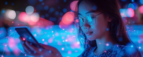 A person holds a phone with a futuristic blue network of connections overlaying the image, symbolizing connectivity