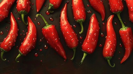   A group of red peppers sat on a table with raindrops covering it and black surface below