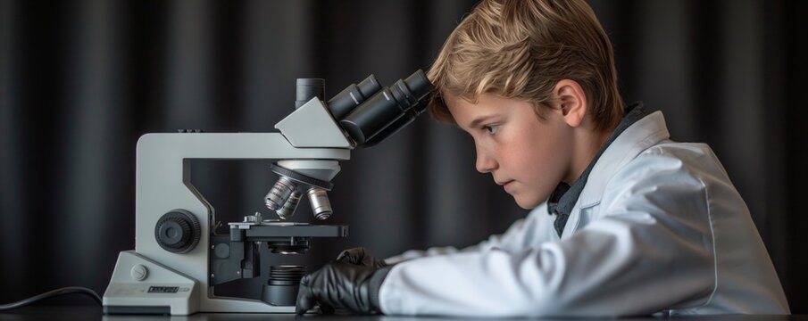 A young boy in a lab coat concentrates while looking through a microscope, depicting curiosity