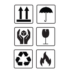 Common packaging & warning symbols with curved frame. Handle with care , Fragile , Recycling , This side up , Indoor use only , Flammable