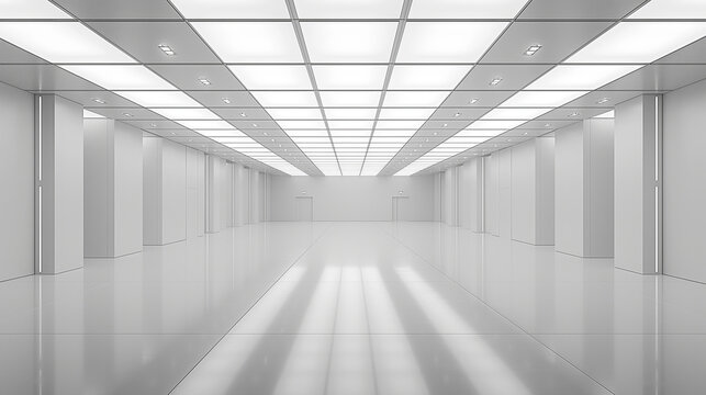Empty corridor with large windows and white walls. Sunlight shines through the windows and casts long shadows on the floor. Modern and airy. Natural light. Simple design.