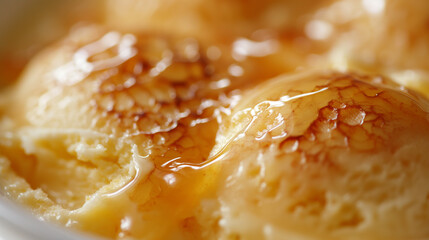 Luxe creme brulee ice cream, a closeup of luxe creme brulee ice cream, its creamy texture and caramelized surface against a white backdrop