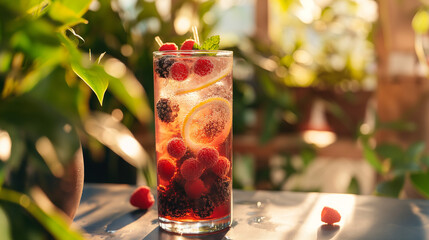 A colorful image of a berry spritzer cocktail, served in a tall glass filled with ice and mixed berries like raspberries and blackberries