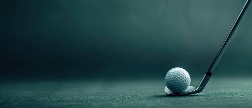 Close-up of a golf club and ball on the green in low light, ready for a perfect shot. Ideal for sports themes and training concepts.