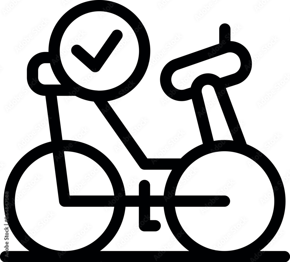 Poster simple line icon of a bicycle with a check mark, representing a bike sharing service and availabilit