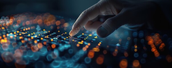 Close-up of a hand interacting with a digital interface and touching a futuristic screen with colorful lights and data visualization.