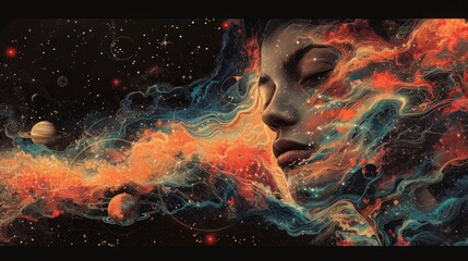 A digital illustration depicting a woman face emerging from a cosmic nebula with planets and stars in the background.