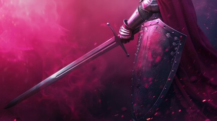Naklejka premium A close-up of a sword held by a person wearing a crimson cape, set in a glowing fantasy setting.