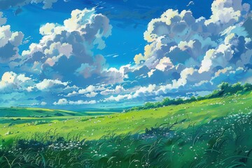 Anime-style landscape with green grass field and white clouds in blue sky. Artistic illustration of nature, scenery, and outdoor environment.